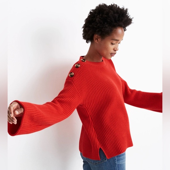 Madewell merino wool blend red ribbed sweater buttons Calloway Boatneck Pullover - Picture 2 of 8